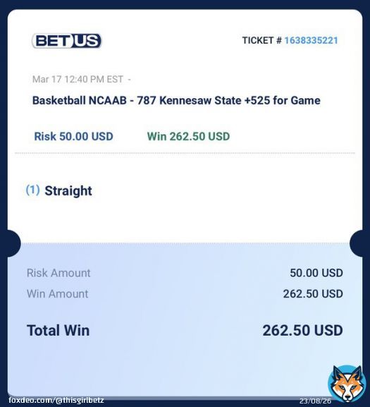 #BetUSMadness @BetUS_Official   Today is bet #4  This is the one. Im chasing dogs.   Kennesaw St ML +525   #GamblingTwitter  #CBB #NCAAB #LFG   Sign up and get 125% bonus up to $2500