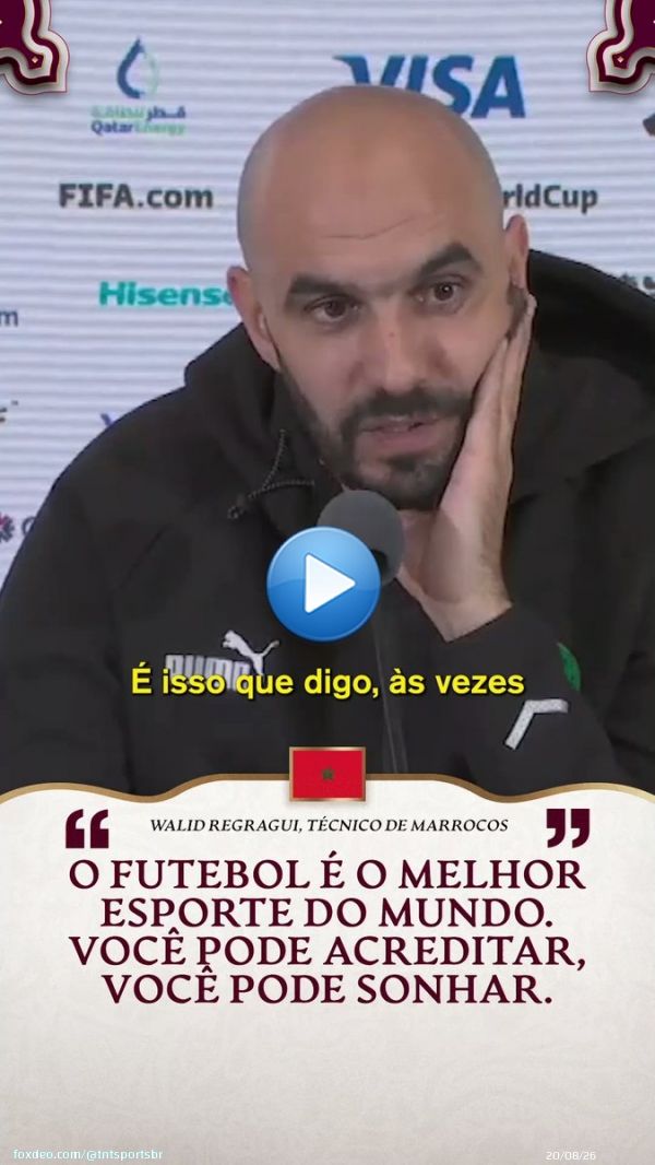 'EU ACHO QUE O MUNDO EST&Aacute; COM MARROCOS!'  Relato LINDO do t&eacute;cnico da sele&ccedil;&atilde;o marroquina, depois de levar um pa&iacute;s africano pela primeira vez pra uma semifinal de Copa do Mundo. Tem coisas que S&Oacute; O FUTEBOL &eacacute; capaz de fazer!  #TNTSportsNoQatar