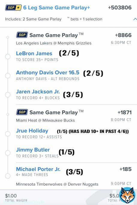 NBA Lotto - 4/19/2023  Today's lottery ticket parlay is based upon how the players have done in their past 5 games played against the opponent and includes one player per stat. Let's see if they can do it again tonight!  $1.00  $5,039.06  Let's have ve some fun #GamblingTwitter!