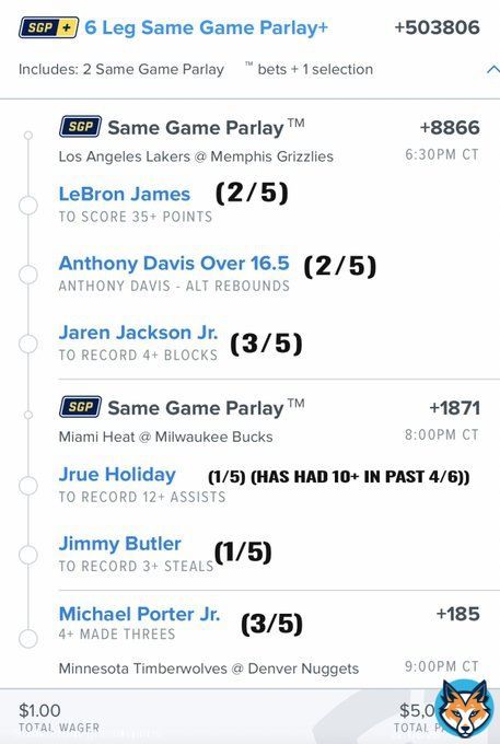 NBA Lotto - 4/19/2023  Today's lottery ticket parlay is based upon how the players have done in their past 5 games played against the opponent and includes one player per stat. Let's see if they can do it again tonight!  $1.00  $5,039.06  Let's have ve some fun #GamblingTwitter!
