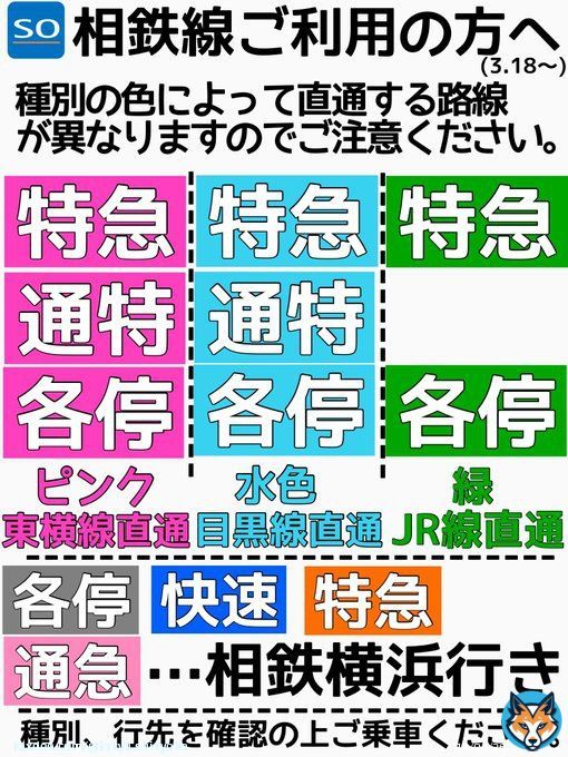 【お知らせ】 2023年3月18日から、相鉄線の運行形態が大きく変わり、従来のJR線直通に加え、東横線、目黒線への直通運転が開始されます。 誤乗車防止のため、ご乗車の際は下の画像をよくご確認ください。