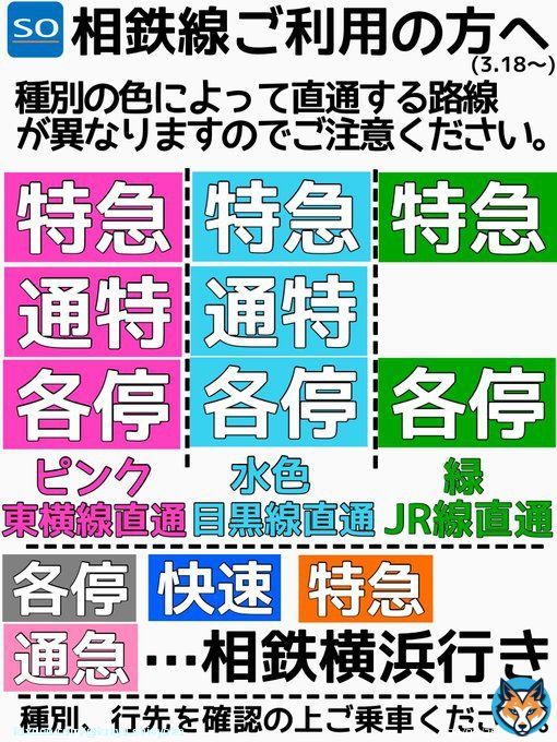 【お知らせ】 2023年3月18日から、相鉄線の運行形態が大きく変わり、従来のJR線直通に加え、東横線、目黒線への直通運転が開始されます。 誤乗車防止のため、ご乗車の際は下の画像をよくご確認ください。