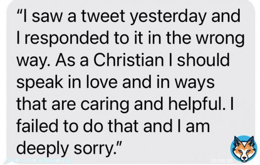 This past week I posted a tweet that I subsequently deleted. I issued an apology but not everyone saw it. So I am reposting my apology here. As a Christian I want to be a force for love to everyone. A force for healing and reconciliation-not for animosity.