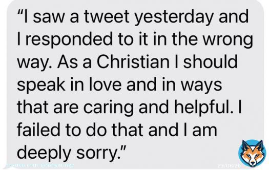 This past week I posted a tweet that I subsequently deleted. I issued an apology but not everyone saw it. So I am reposting my apology here. As a Christian I want to be a force for love to everyone. A force for healing and reconciliation-not for animosity.