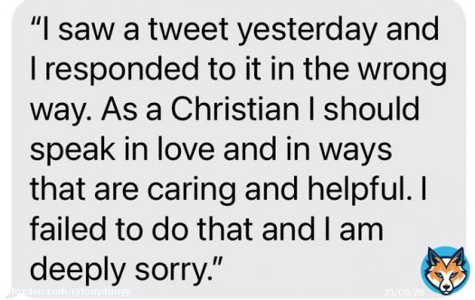 This past week I posted a tweet that I subsequently deleted. I issued an apology but not everyone saw it. So I am reposting my apology here. As a Christian I want to be a force for love to everyone. A force for healing and reconciliation-not for animosity.