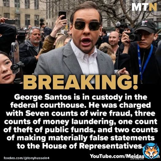 George Santos has been arrested! He is currently in custody. Rep. Santos has been charged with seven counts of wire fraud, three counts of money laundering, one count of theft of public funds, and two counts of making materially false statements to the House of Representatives.