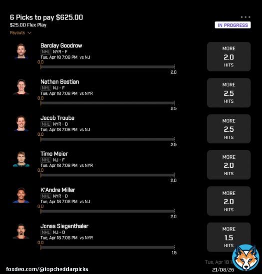 4/18 NHL Hits Play   Stacking the NJD / NYR game. 2 teams that HATE each other, and these are 6 of the most physical guys.   Locking it in now - Use code 'CHEDDAR' to tail and get a 100% deposit match.   #NHLPicks #GamblingTwitter