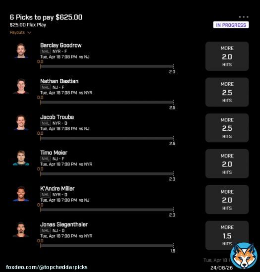 4/18 NHL Hits Play   Stacking the NJD / NYR game. 2 teams that HATE each other, and these are 6 of the most physical guys.   Locking it in now - Use code 'CHEDDAR' to tail and get a 100% deposit match.   #NHLPicks #GamblingTwitter