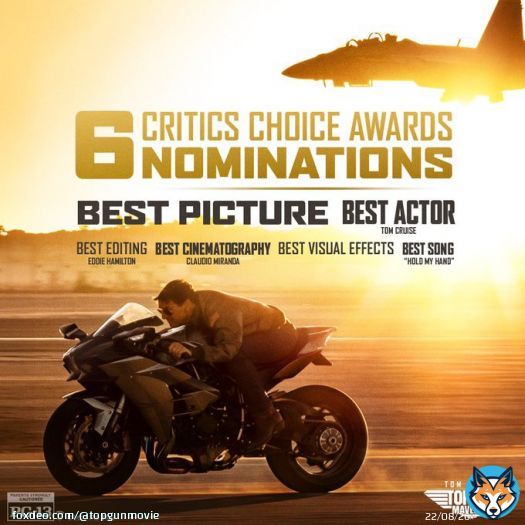 #TopGun: Maverick soars with 6 #CriticsChoice Awards nominations!  Best Picture Best Actor (Tom Cruise) Best Cinematography (Claudio Miranda) Best Editing (Eddie Hamilton) Best Visual Effects Best Song ('Hold My Hand')