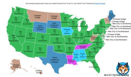 Top Google Trends in the United States by relative interest in each state over the last hour.   #ManCityvsSouthampton #TexasLonghornsFootball #Tennesseefootball #Crimeanbridge #ChelseavsWolves   Live map at