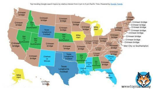 Top Google Trends in the United States by relative interest in each state over the last hour.   #TexasLonghornsFootball #ManCityvsSouthampton #Crimeanbridge #ChelseavsWolves #MikeHart   Live map at
