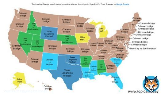 Top Google Trends in the United States by relative interest in each state over the last hour.   #TexasLonghornsFootball #ManCityvsSouthampton #Crimeanbridge #ChelseavsWolves #MikeHart   Live map at