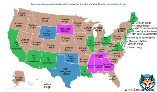 Top Google Trends in the United States by relative interest in each state over the last hour.   #ManCityvsSouthampton #TexasLonghornsFootball #Tennesseefootball #Crimeanbridge #ChelseavsWolves   Live map at