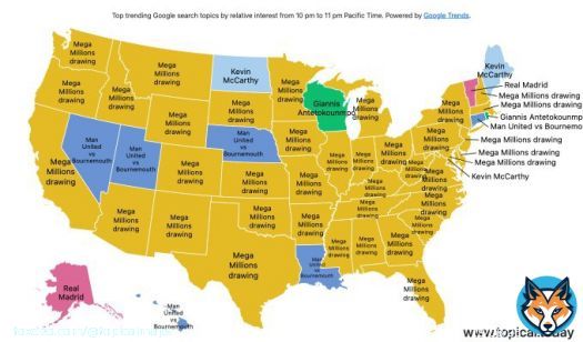 Top Google Trends in the United States by relative interest in each state over the last hour.   #KevinMcCarthy #ManUnitedvsBournemouth #RealMadrid #GiannisAntetokounmpo #MegaMillionsdrawing   Live map at