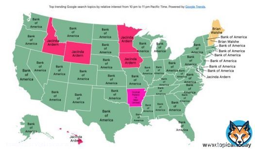 Top Google Trends in the United States by relative interest in each state over the last hour.   #BankofAmerica #CrystalPalacevsManUnited #BrianWalshe #JacindaArdern #CitizensBank   Live map at