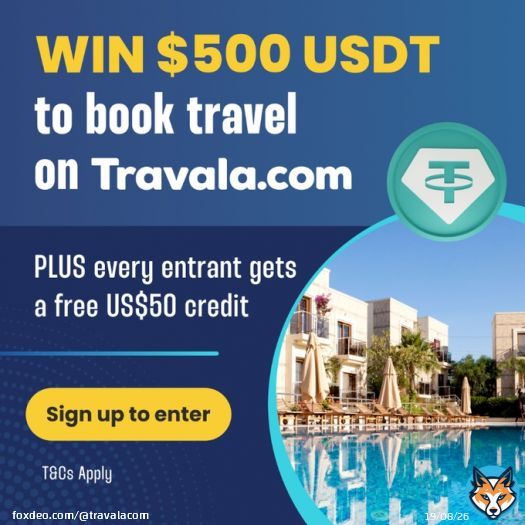 WIN $500 USDT!  Enter by creating a free Travala account  to book travel with crypto. PLUS every entry gets a BONUS US$50 credit to use on their first booking!Enter to WIN $500 USDTFrom travala.com