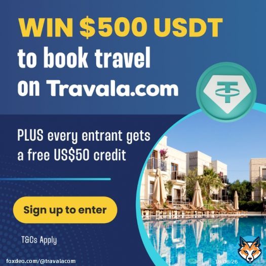 WIN $500 USDT!  Enter by creating a free Travala account  to book travel with crypto. PLUS every entry gets a BONUS US$50 credit to use on their first booking!Enter to WIN $500 USDTFrom travala.com