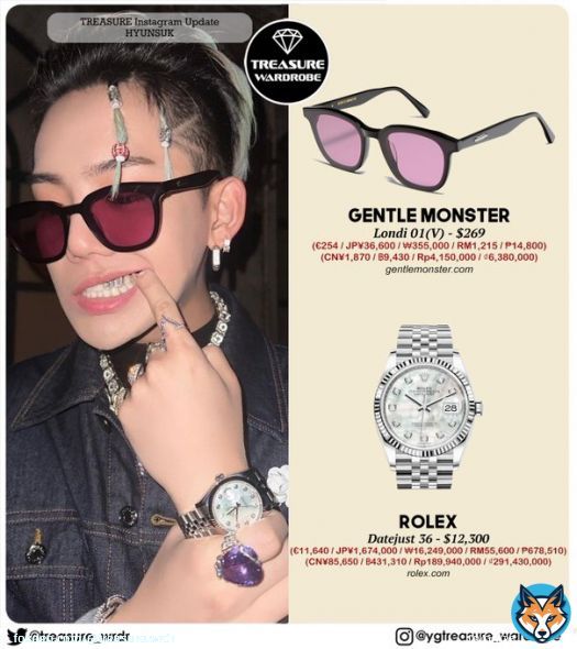 #HYUNSUK wearing GENTLE MONSTER Londi 01 ROLEX Datejust 36 DOLCE & GABBANA sunglass, denim jacket & backpack LOUIS VUITTON earphones trunk bag MARINE SERRE mini bag ALEXANDER MCQUEEN Tread Slick Low  #HYUNSUKWARDROBE #トレジャー #TREASURE #트레저 #CHOIHYUNSUK #최현석