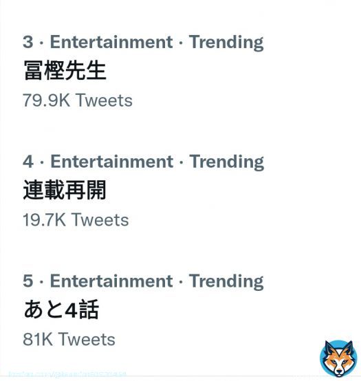 Togashi sensei trends at 3, 4, and 5 after a single tweet right after entering Twitter hinting at resuming the serialisation of Hunter x Hunter.  #連載再開 #冨樫先生