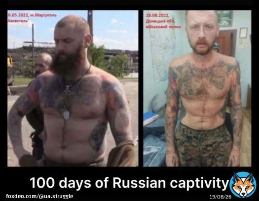This is what a fighter of AZOV Regiment, a defender of Azovstal and Mariupol, looks like after 100 days of Russian captivity. 'Humanism' in Russian-style looks like this and is no different from the conditions in the Auschwitz concentration camp.