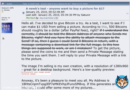 This Twitter Space was FIRE  We discovered that:   the first purchase EVER with bitcoin was buying a JPEG for 500 BTC in Feb 2010   it pre-dates the the famous 10,000 BTC pizza   satoshi himself helped facilitate the JPEG sale   laser-eye cult in absolute SHAMBLES