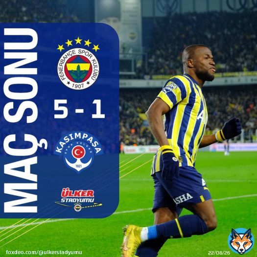 Spor Toto S&uuml;per Lig&rsquo;in 21. haftasında Fenerbah&ccedil;e'miz, #Evimiz&Uuml;lkerStadyumu&rsquo;nda Kasımpaşa&rsquo;yı 5-1 mağlup ediyor!   Tebrikler @fenerbahce! #FBvKAS  #Fenerbahce #UlkerStadyumu