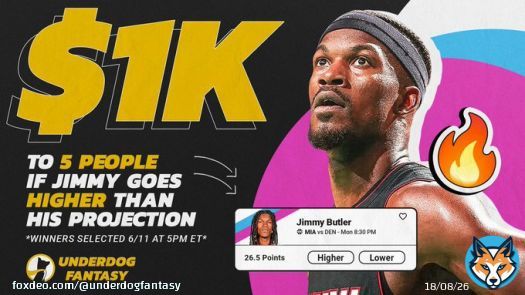 If Jimmy Butler scores more than 26.5 points in Game 5, we will give away $1,000 to 5 random users who retweet this, and reply with their Underdog username and the hashtag #UnderdogFantasy