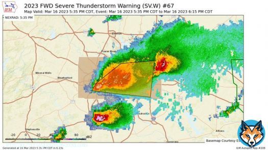 FWD issues Severe Thunderstorm Warning [damage threat: CONSIDERABLE, wind: 60 MPH (RADAR INDICATED), hail: 1.75 IN (RADAR INDICATED)] for Dallas, Tarrant [TX] till 6:15 PM CDT
