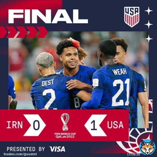 FINAL:   IRN 0 - 1 USA   WE ADVANCE OUT OF GROUP B.  #USMNT x @Visa