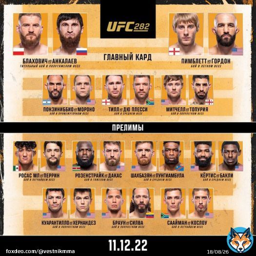 Кард и где смотреть #UFC282: Блахович vs Анкалаев