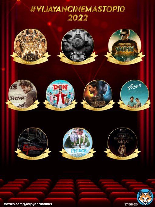 Here we go&hellip; #vijayancinemasTop10  <br>1. #PonniyinSelvan1  <br>2. #Vikram  <br>3. #Valimai  <br>4. #Beast  <br>5. #Don  <br>6. #RRRMovie  <br>7. #viruman  <br>8. #ET  <br>9. #Prince  <br>10. #VendhuThanindhathuKaadu   Happy Christmas  and New year #Varisu #Thunivu