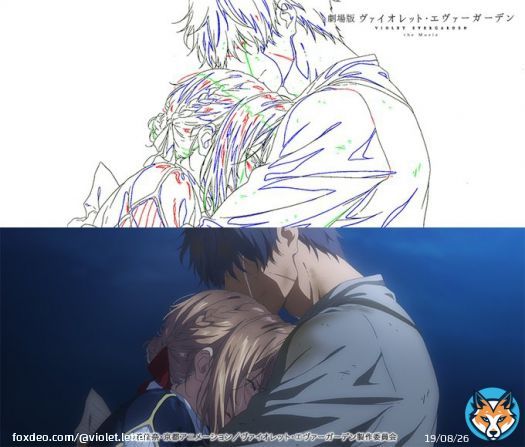 放送中 劇場版 #ヴァイオレット・エヴァーガーデン #金曜ロードショー   動画（クリンナップ線画） ヴァイオレットの頭の黄緑色の線は、濡れた表現のためのグラデーション指示線。線には最高の画面を目指して様々な意味がたくさん含まれています