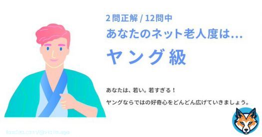 【ネット老人会クイズ Web制作編：採点結果】 あなたの老人度スコアは2問/12問中でした。  あなたのネット老人度はヤング級。 #CPI25th #インターネット老人会  &darr;みんなもチャレンジ！   ぴちぴちピッチ