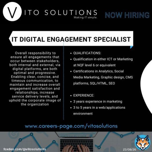 POSITION AVAILABLE  IT Digital Engagement Specialist  DURBAN PERMANENT  Apply here   Share with anyone who might be interested!   #StrongerTogether #ITjobs #HiringShow more