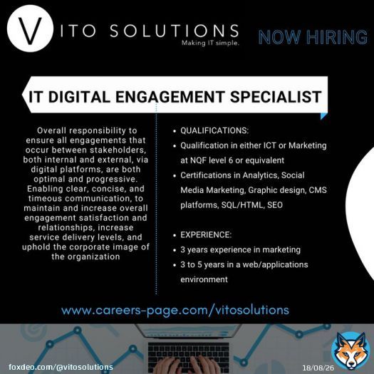 POSITION AVAILABLE  IT Digital Engagement Specialist  DURBAN PERMANENT  Apply here   Share with anyone who might be interested!   #StrongerTogether #ITjobs #HiringShow more