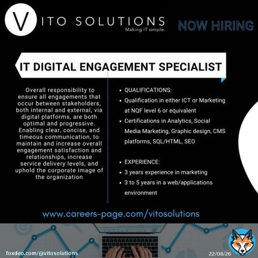 POSITION AVAILABLE  IT Digital Engagement Specialist  DURBAN PERMANENT  Apply here   Share with anyone who might be interested!   #StrongerTogether #ITjobs #HiringShow more