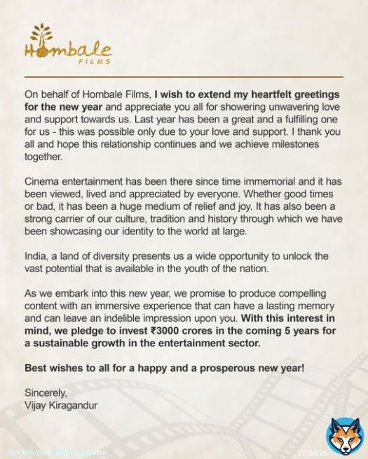 On behalf of @HombaleFilms, I wish to extend my heartfelt greetings for the new year and appreciate you all for showering unwavering love and support towards us. #HappyNewYear!