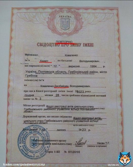 Украинец повторно сменил имя с Химарса на Джобайден   Как называется эта болезнь?