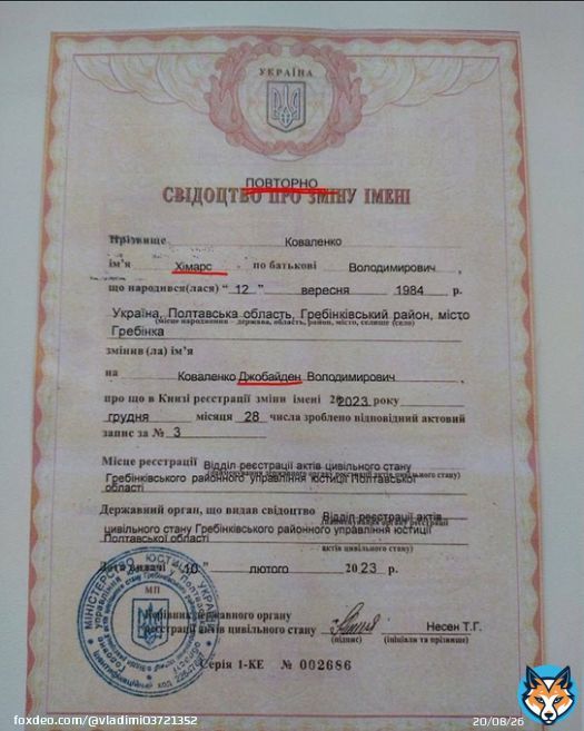 Украинец повторно сменил имя с Химарса на Джобайден   Как называется эта болезнь?