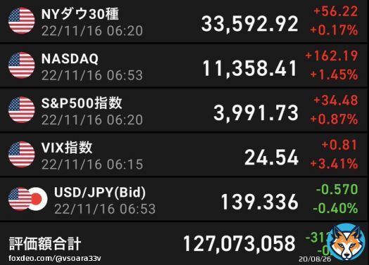おはようございます 昨日の米国株式は3指数とも上昇です。 ポーランドへのロシアミサイル着弾で不穏な感じになりそうです。  評価額は&minus;313,465円です  本日もよろしくお願いします。  #米国株