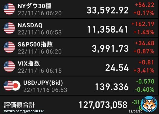 おはようございます 昨日の米国株式は3指数とも上昇です。 ポーランドへのロシアミサイル着弾で不穏な感じになりそうです。  評価額は&minus;313,465円です  本日もよろしくお願いします。  #米国株
