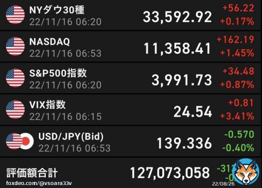 おはようございます 昨日の米国株式は3指数とも上昇です。 ポーランドへのロシアミサイル着弾で不穏な感じになりそうです。  評価額は&minus;313,465円です  本日もよろしくお願いします。  #米国株