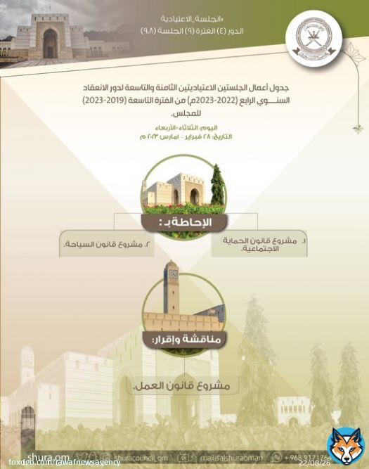 #وكالة_واف | يناقش مجلس الشورى العماني @ShuraCouncil_OM اليوم مشروع #قانون_العمل، إلى جانب الإحاطة بمشروعي #قانون_السياحة و #قانون_الحماية_الاجتماعية