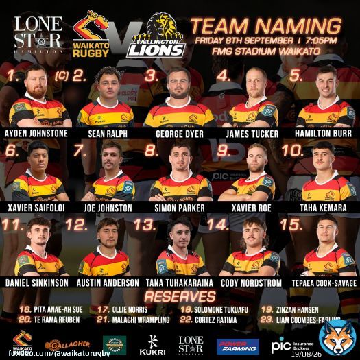 LONE STAR: TEAM NAMING Back Home. Here is your Waikato NPC team to face the Wellington Lions, tomorrow night (September 8), at FMG Stadium Waikato, kick-off 7.05pm. All thanks to Lone Star. For more on the team  #WaikatoRugby #WAIvWEL
