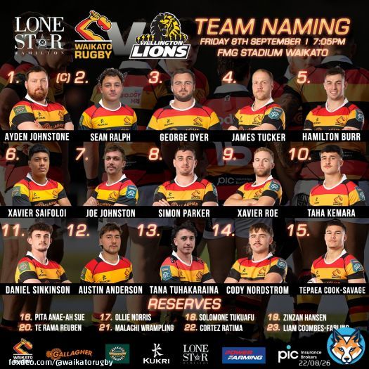 LONE STAR: TEAM NAMING Back Home. Here is your Waikato NPC team to face the Wellington Lions, tomorrow night (September 8), at FMG Stadium Waikato, kick-off 7.05pm. All thanks to Lone Star. For more on the team  #WaikatoRugby #WAIvWEL