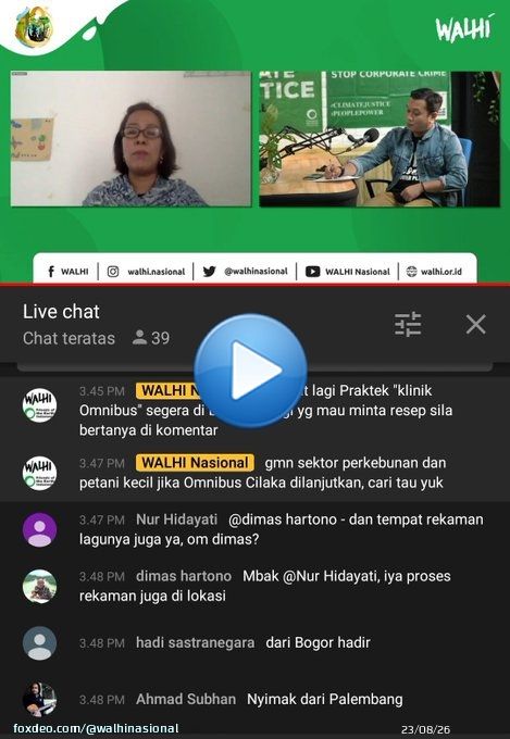 Klinik Omnibus sudah dibuka ya, Yang mau tanya resep, bisa langsung aja ke YouTube WALHI Nasional    #40TahunWALHI #40JamWALHISiaran #RumahGerakanLingkunganHidup #CabutOmnibuslaw #BatalkanOmnibusLaw #JegalSampaiGagal #JEGALSAMPAIBATAL #MosiTidakPerca