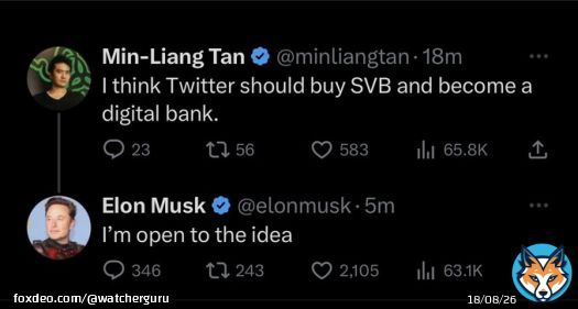 JUST IN: Elon Musk says he's 'open to the idea' of Twitter buying Silicon Valley Bank and making it a digital bank.