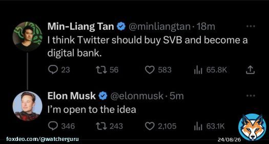 JUST IN: Elon Musk says he's 'open to the idea' of Twitter buying Silicon Valley Bank and making it a digital bank.
