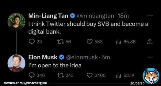 JUST IN: Elon Musk says he's 'open to the idea' of Twitter buying Silicon Valley Bank and making it a digital bank.