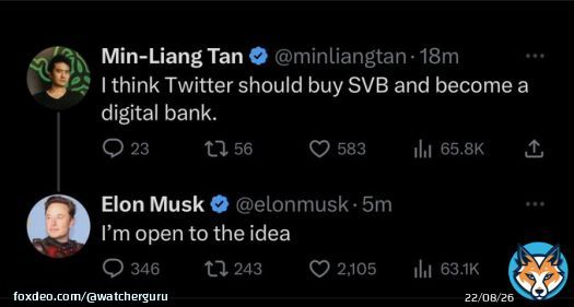 JUST IN: Elon Musk says he's 'open to the idea' of Twitter buying Silicon Valley Bank and making it a digital bank.